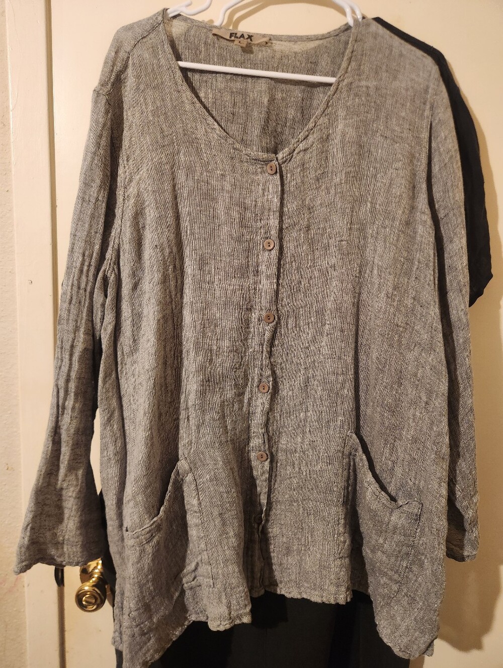 Flax Lightweight Button-Front Pockets Gauze Linen Jacket Tunic in Gray Sz Large